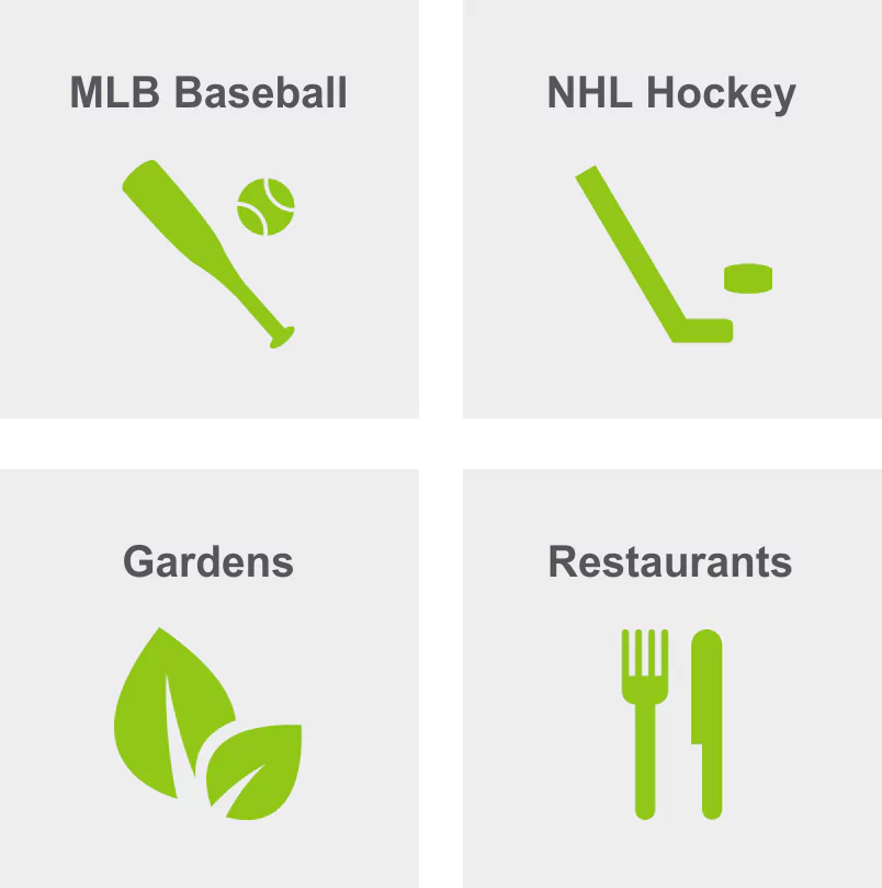 Activities in Downtown Saint Louis include MLB Baseball, NHL Hockey, gardens, and restaurants. 